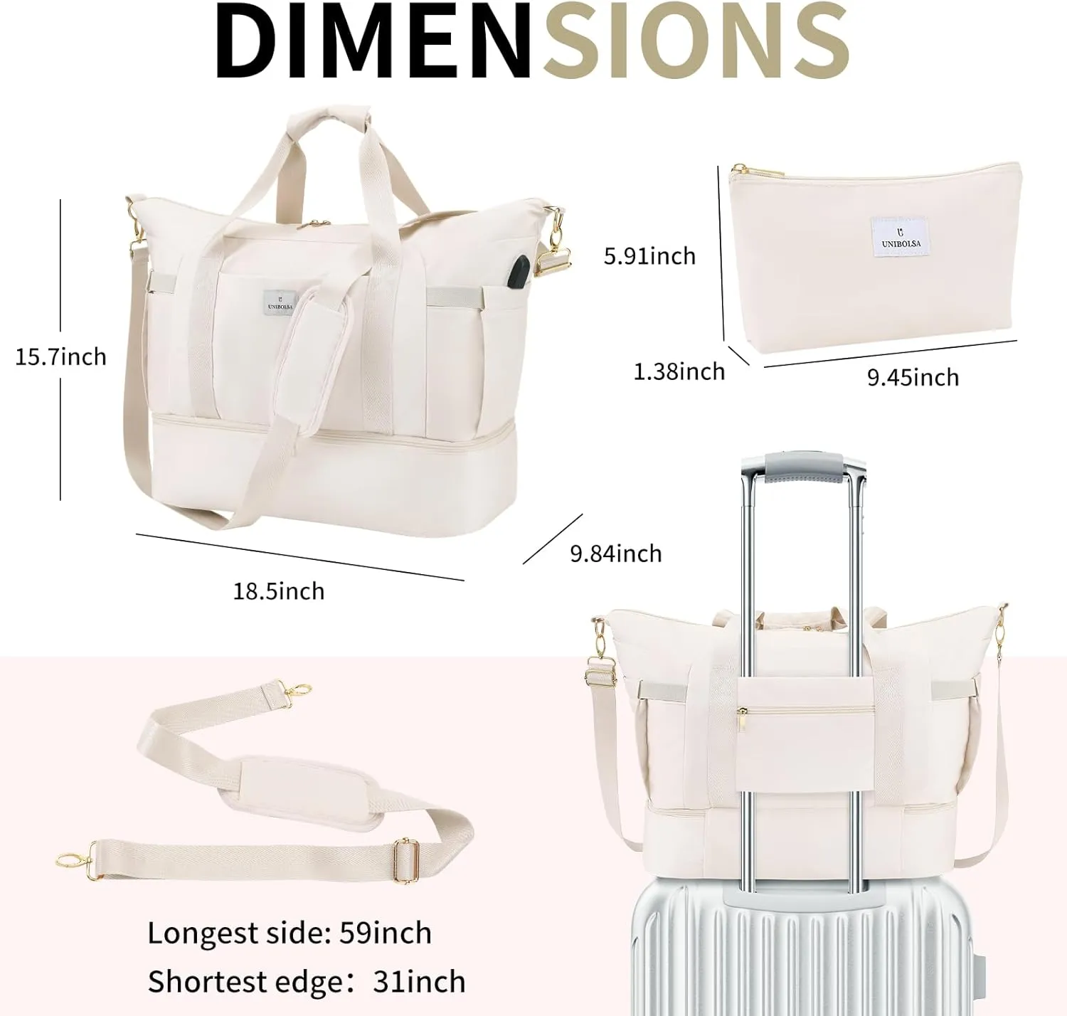 Weekender Bags for Women, Large Travel Duffel Bags with Shoe Compartment and USB Charging Port, Carry on Overnight Bag with Toiletry Bag for Gym, Maternity, Sports, Business Trip - Beige