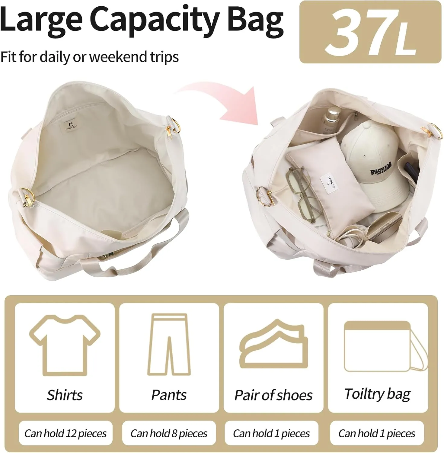 Weekender Bags for Women, Large Travel Duffel Bags with Shoe Compartment and USB Charging Port, Carry on Overnight Bag with Toiletry Bag for Gym, Maternity, Sports, Business Trip - Beige