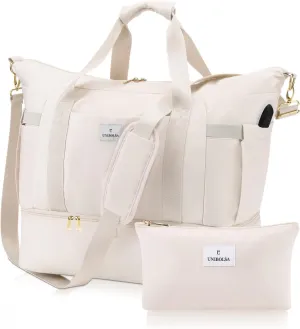 Weekender Bags for Women, Large Travel Duffel Bags with Shoe Compartment and USB Charging Port, Carry on Overnight Bag with Toiletry Bag for Gym, Maternity, Sports, Business Trip - Beige
