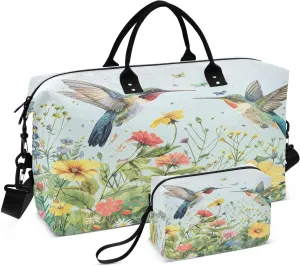 Weekender Bags for Women,Foldable Hummingbirds Wildflowers Travel Duffel Bag with Trolley Sleeve Travel Tote Gym Bag with Toiletry Bag