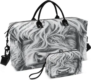 Weekender Bags for Women,Foldable Land Cattle Cow Travel Duffel Bag with Trolley Sleeve Travel Tote Gym Bag with Toiletry Bag