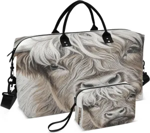 Weekender Bags for Women,Foldable Land Cattle Cow Travel Duffel Bag with Trolley Sleeve Travel Tote Gym Bag with Toiletry Bag