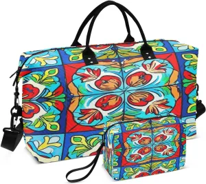 Weekender Bags for Women,Foldable Mexican Tile Travel Duffel Bag with Trolley Sleeve Travel Tote Gym Bag with Toiletry Bag