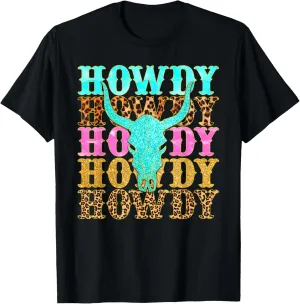 Western Country Leopard Howdy Bull Skull Cowgirl Rodeo T-Shirt