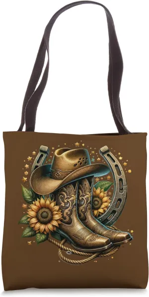 Western Cowboy Boot Horseshoe Sunflower Rope Cowgirl Boot Tote Bag