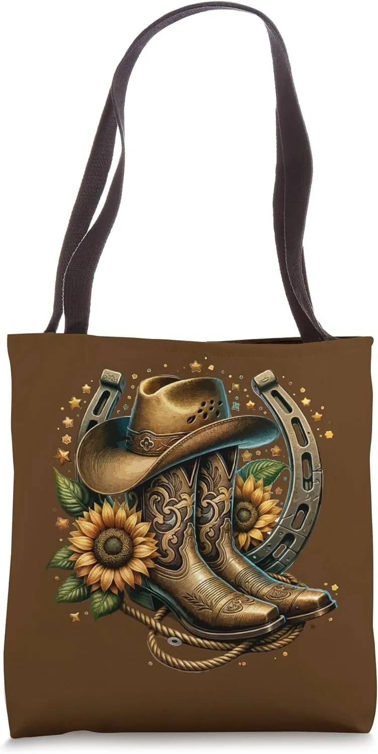 Western Cowboy Boot Horseshoe Sunflower Rope Cowgirl Boot Tote Bag
