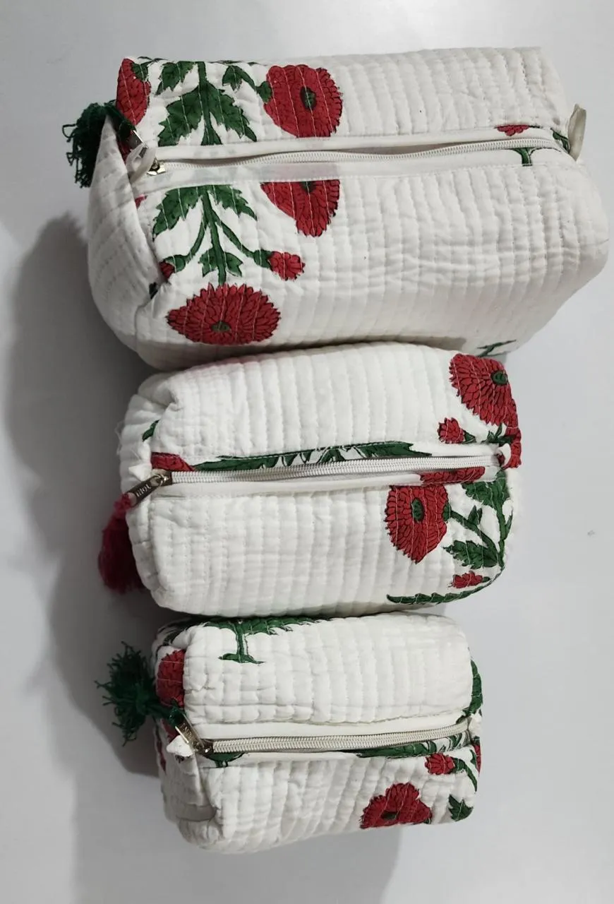 White Base Red Flower Print Pouch Set