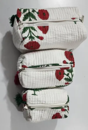 White Base Red Flower Print Pouch Set