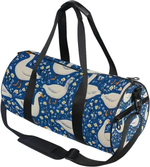 White Geese and Flowers Gym Duffle Bag Women Men Sports Fitness Bag for Travel Workout Gymnastics Dance Ballet