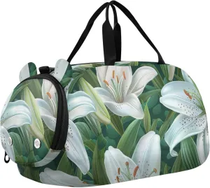 White Lilies Duffle Bag for Girl, Sports Duffle Gym Bags with Shoe Compartment, Personalized Overnight Bag Travel Weekender for Kids