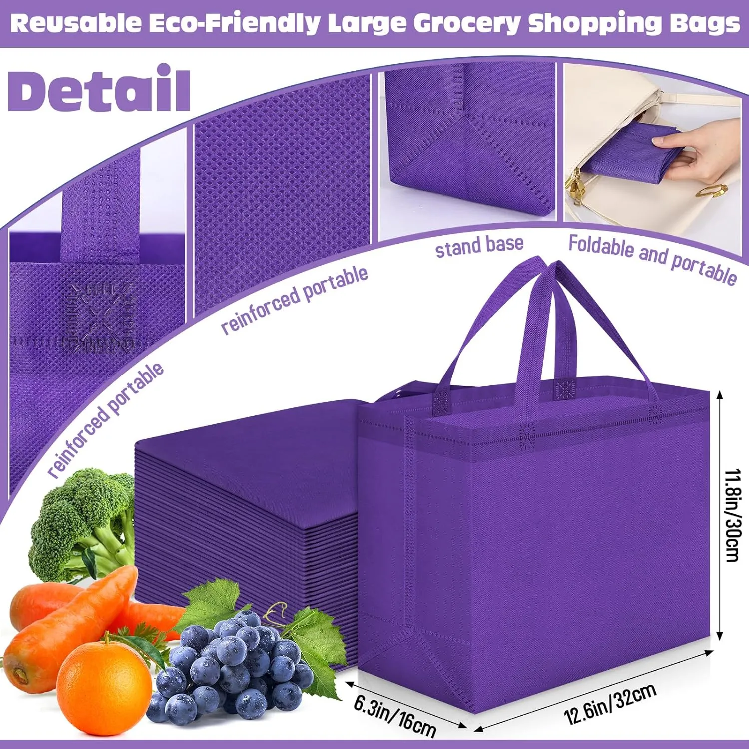 Windyun 200 Pcs Reusable Grocery Bags Large Non Woven Shopping Bags Foldable Portable Tote Carryall Bulk(Dark Purple)