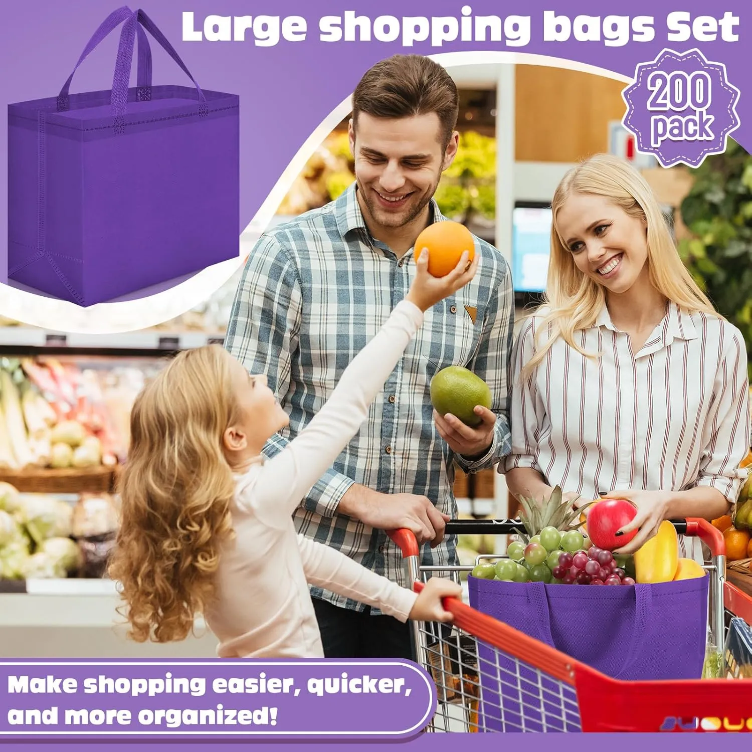 Windyun 200 Pcs Reusable Grocery Bags Large Non Woven Shopping Bags Foldable Portable Tote Carryall Bulk(Dark Purple)