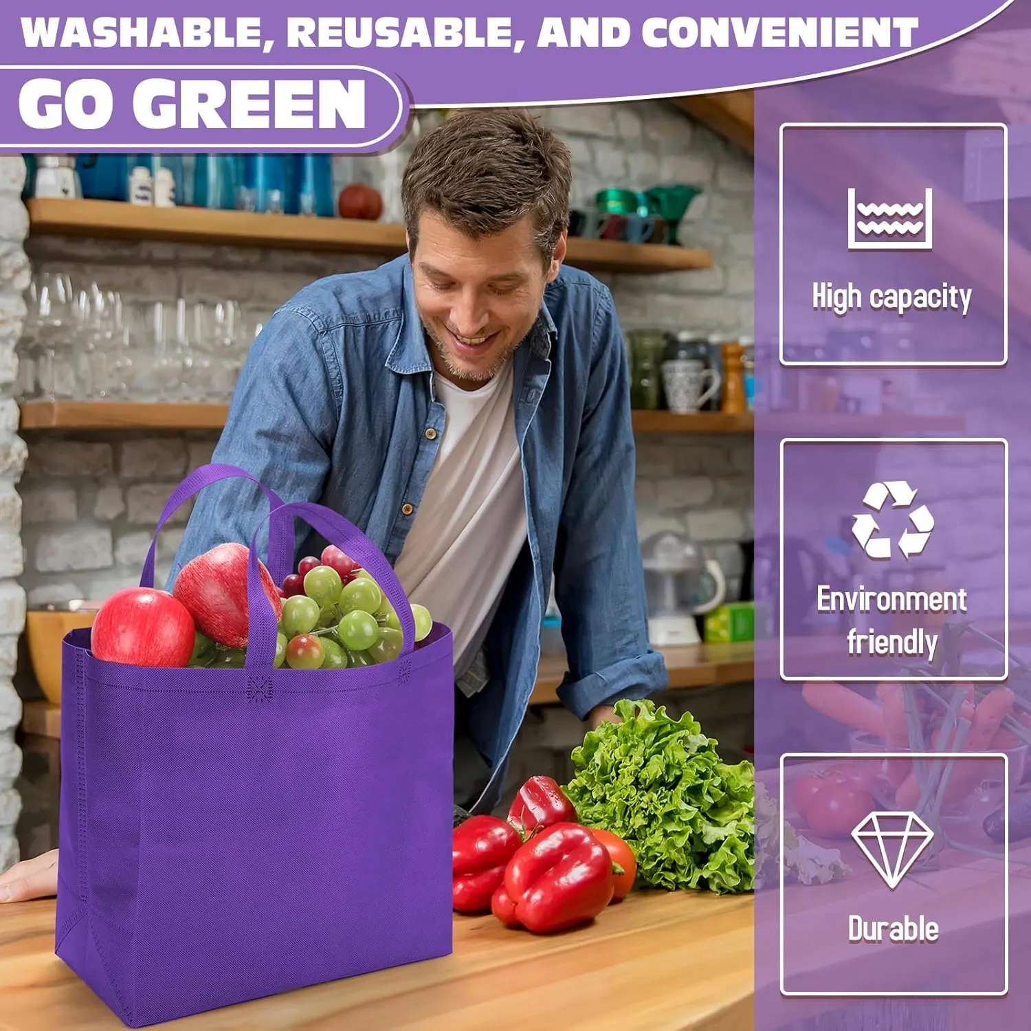 Windyun 200 Pcs Reusable Grocery Bags Large Non Woven Shopping Bags Foldable Portable Tote Carryall Bulk(Dark Purple)