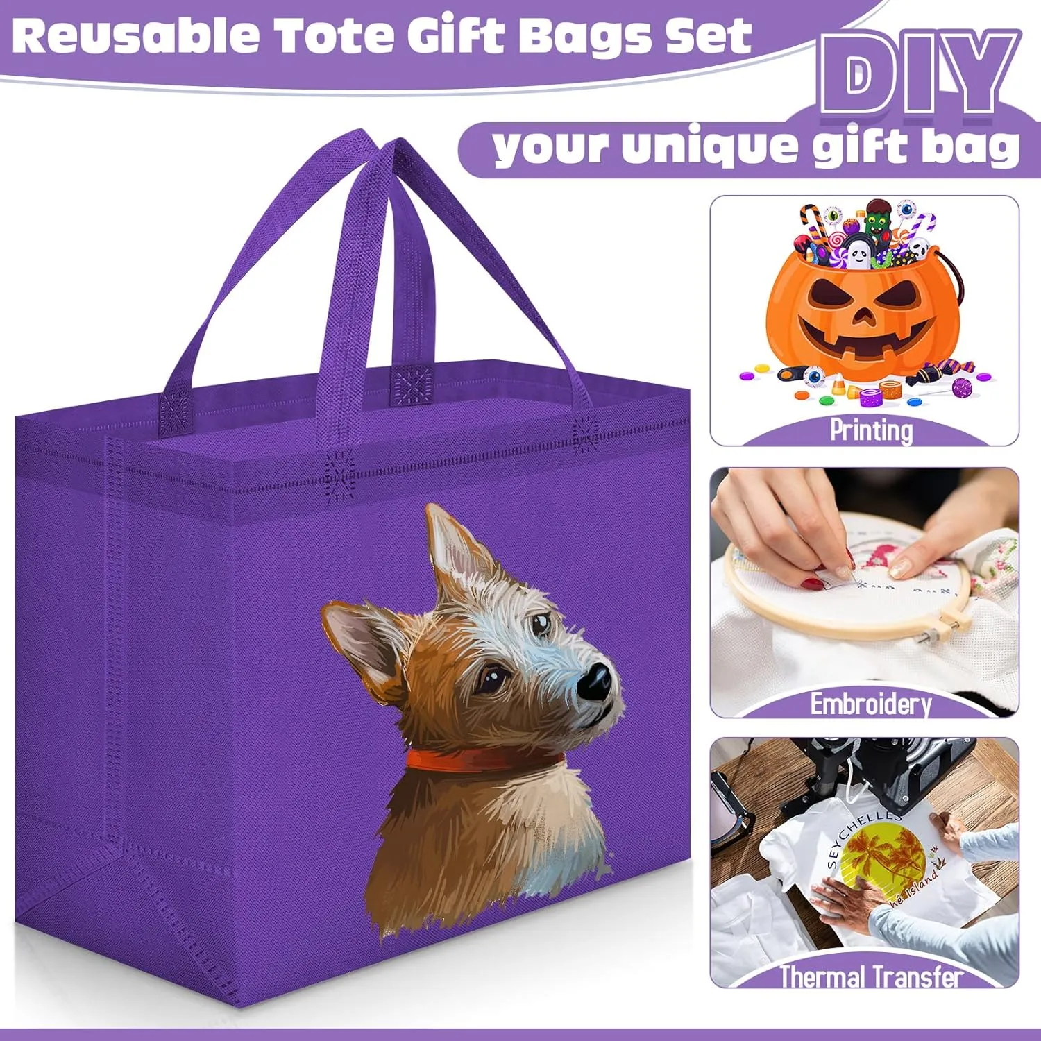 Windyun 200 Pcs Reusable Grocery Bags Large Non Woven Shopping Bags Foldable Portable Tote Carryall Bulk(Dark Purple)