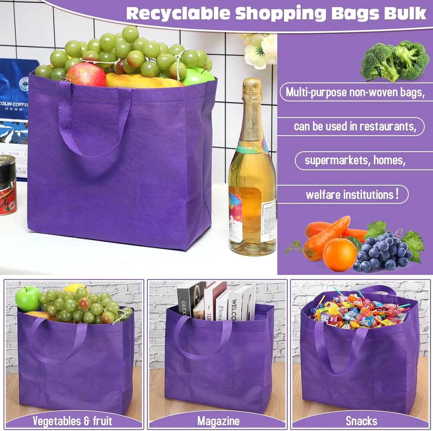 Windyun 200 Pcs Reusable Grocery Bags Large Non Woven Shopping Bags Foldable Portable Tote Carryall Bulk(Dark Purple)