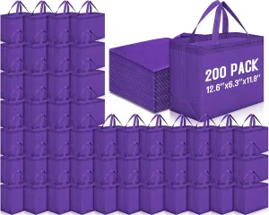 Windyun 200 Pcs Reusable Grocery Bags Large Non Woven Shopping Bags Foldable Portable Tote Carryall Bulk(Dark Purple)