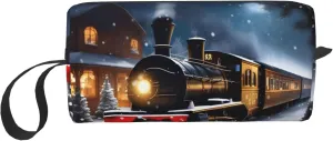 Winter Christmas Snow Night Railway Train print Multi-Purpose Cosmetic Bag with Zipper Canvas Makeup Bag, Travel Toiletry Pouch, Pencil Bag