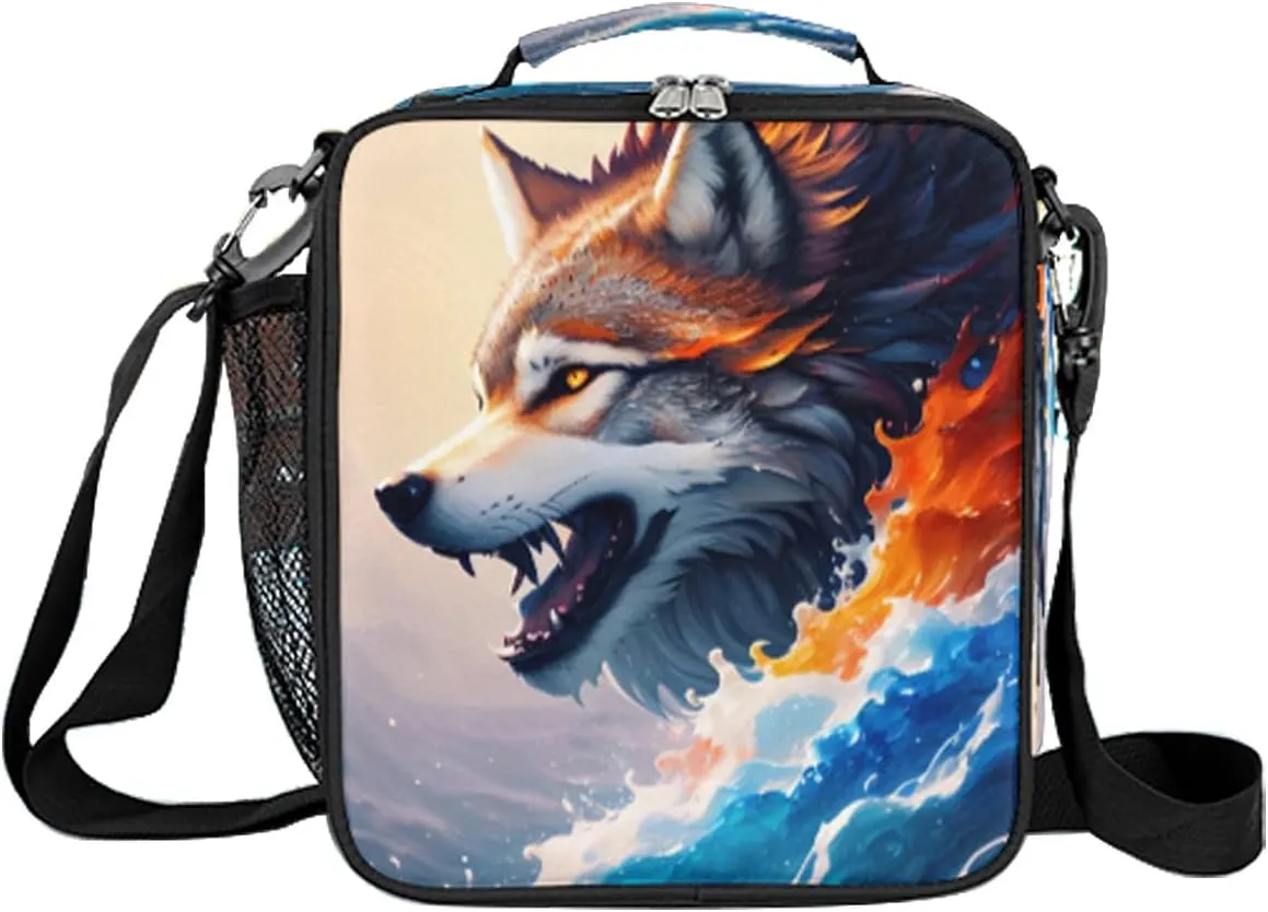 Wolf Colorful Ocean Wave Art Animal Boys Lunch Box, Reusable Insulated Waterproof With Adjustable Shoulder Strap, Thermal Cooler Tote Bag for School, Daycare, Picnic