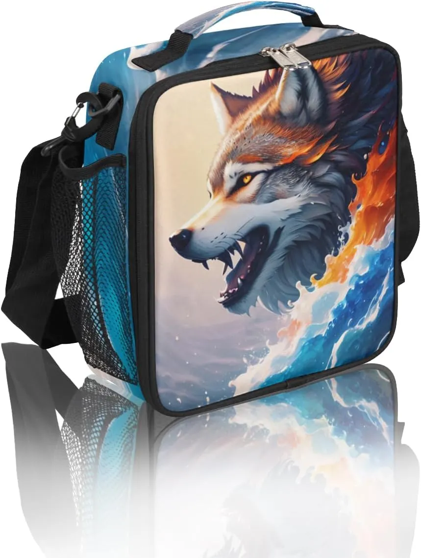 Wolf Colorful Ocean Wave Art Animal Boys Lunch Box, Reusable Insulated Waterproof With Adjustable Shoulder Strap, Thermal Cooler Tote Bag for School, Daycare, Picnic