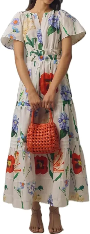 Women Boho Maxi Dress Short Sleeve V Neck Floral Print Loose Flowy Long Dress Aline Tiered Ruffle Beach Dress