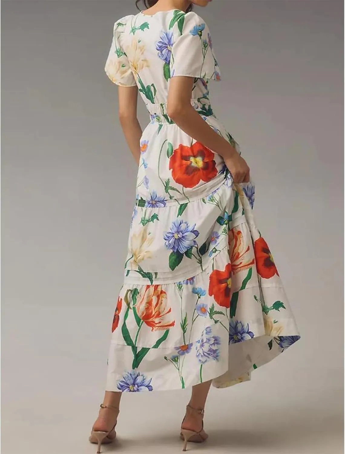Women Boho Maxi Dress Short Sleeve V Neck Floral Print Loose Flowy Long Dress Aline Tiered Ruffle Beach Dress
