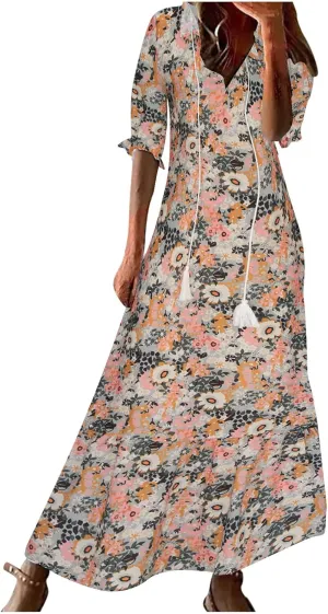 Women Elbow Sleeve V Neck Maxi Dress Fashion Grahpic Design Long Dresses Vintage A Line Casual Sundress