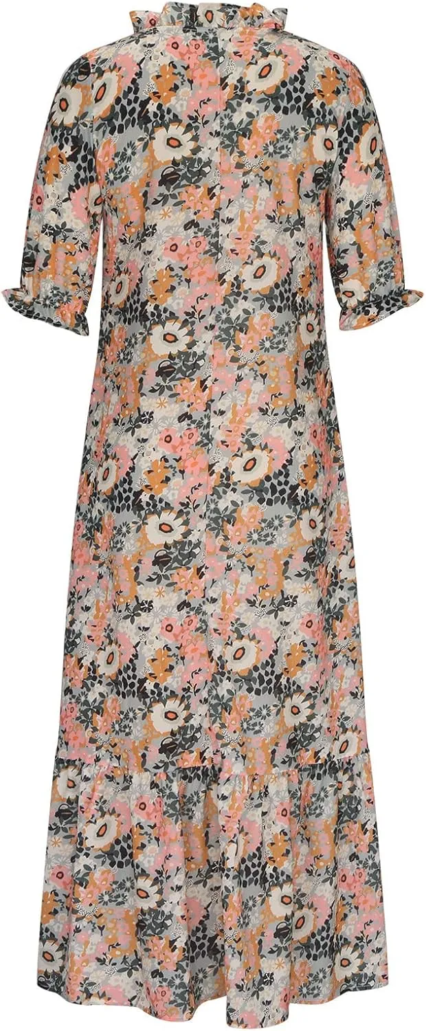 Women Elbow Sleeve V Neck Maxi Dress Fashion Grahpic Design Long Dresses Vintage A Line Casual Sundress