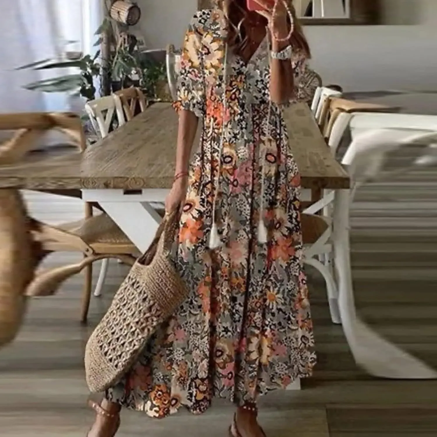 Women Elbow Sleeve V Neck Maxi Dress Fashion Grahpic Design Long Dresses Vintage A Line Casual Sundress