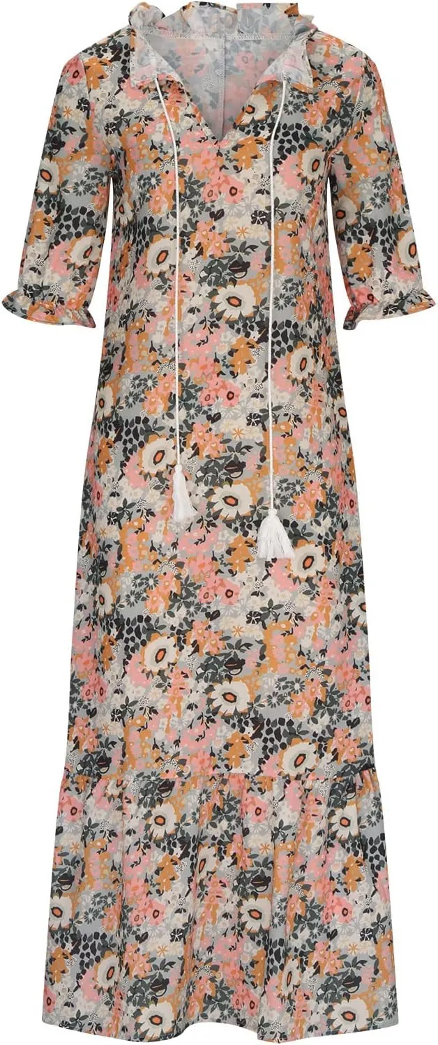 Women Elbow Sleeve V Neck Maxi Dress Fashion Grahpic Design Long Dresses Vintage A Line Casual Sundress