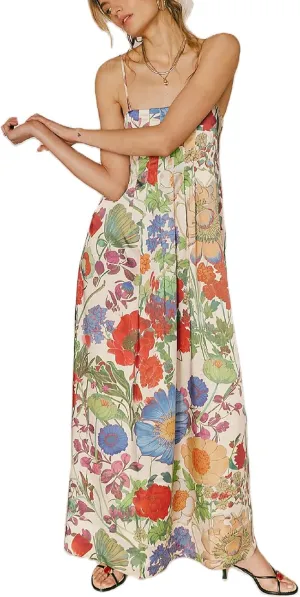 Women Floral Maxi Dress Sexy Sleeveless Backless A-Line Long Flowy Dress Back Cut Out Spaghetti Strap Summer Sundress