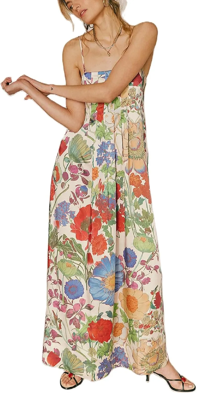Women Floral Maxi Dress Sexy Sleeveless Backless A-Line Long Flowy Dress Back Cut Out Spaghetti Strap Summer Sundress