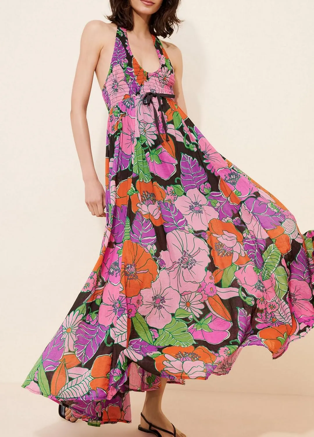 Women Floral Maxi Dress Sexy Sleeveless Backless A-Line Long Flowy Dress Back Cut Out Spaghetti Strap Summer Sundress