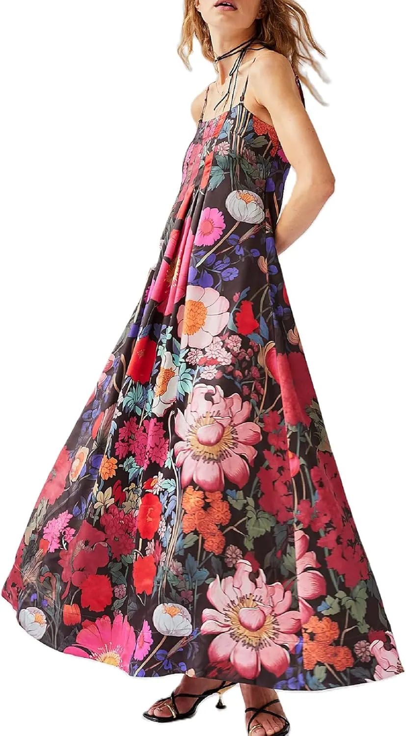 Women Floral Maxi Dress Sexy Sleeveless Backless A-Line Long Flowy Dress Back Cut Out Spaghetti Strap Summer Sundress