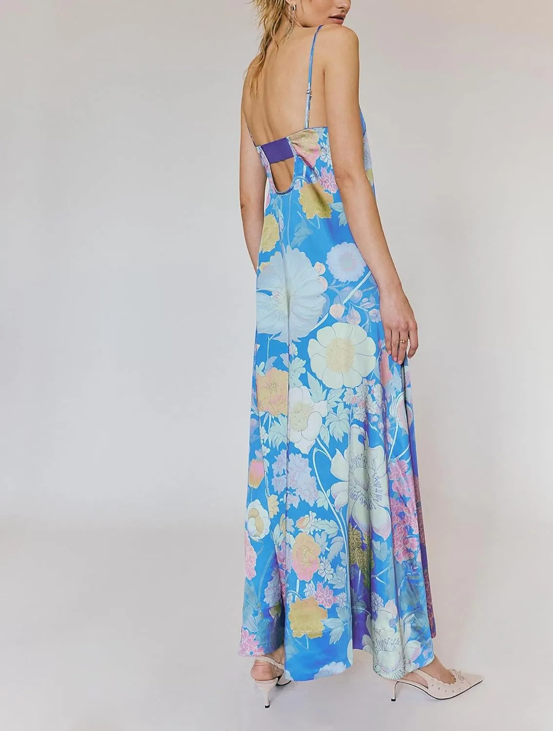 Women Floral Maxi Dress Sexy Sleeveless Backless A-Line Long Flowy Dress Back Cut Out Spaghetti Strap Summer Sundress