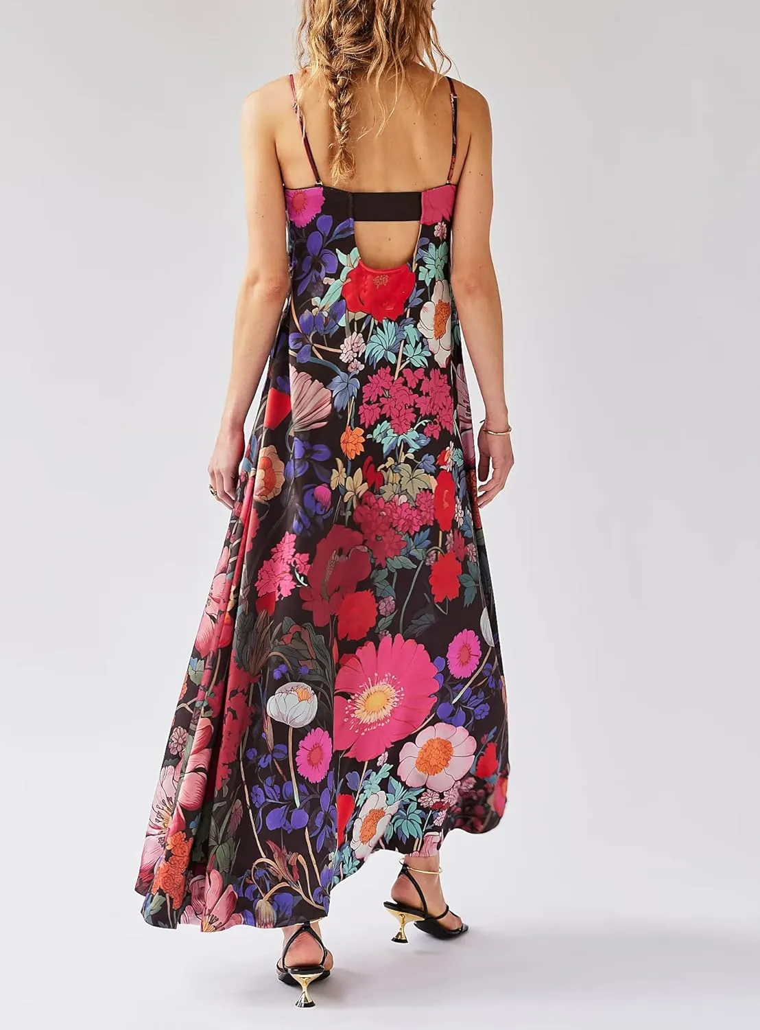 Women Floral Maxi Dress Sexy Sleeveless Backless A-Line Long Flowy Dress Back Cut Out Spaghetti Strap Summer Sundress