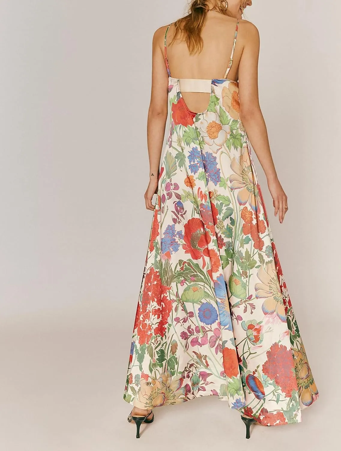 Women Floral Maxi Dress Sexy Sleeveless Backless A-Line Long Flowy Dress Back Cut Out Spaghetti Strap Summer Sundress