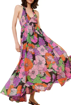 Women Floral Maxi Dress Sexy Sleeveless Backless A-Line Long Flowy Dress Back Cut Out Spaghetti Strap Summer Sundress