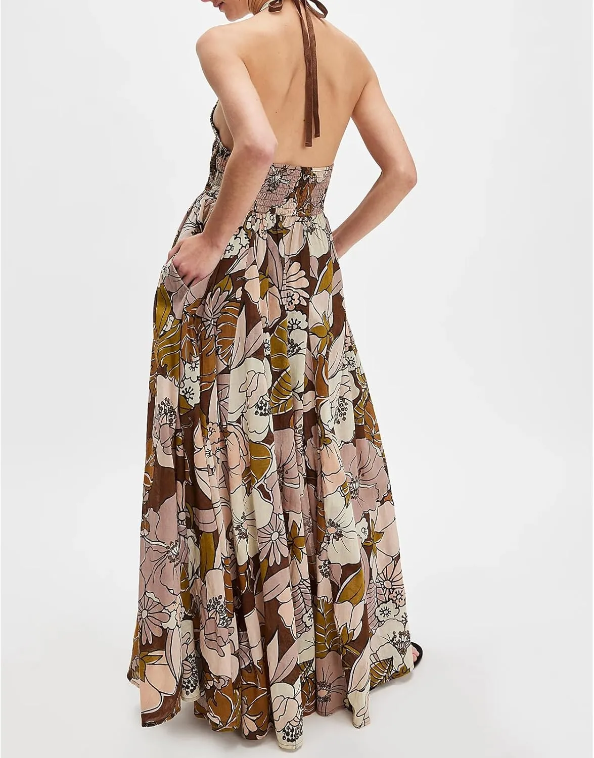 Women Floral Maxi Dress Sexy Sleeveless Backless A-Line Long Flowy Dress Back Cut Out Spaghetti Strap Summer Sundress