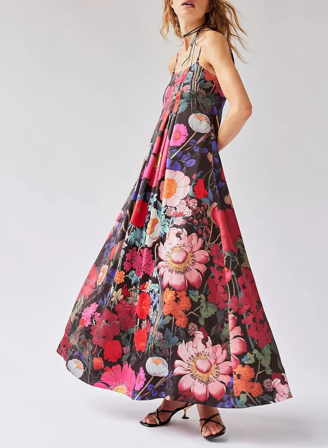 Women Floral Maxi Dress Sexy Sleeveless Backless A-Line Long Flowy Dress Back Cut Out Spaghetti Strap Summer Sundress