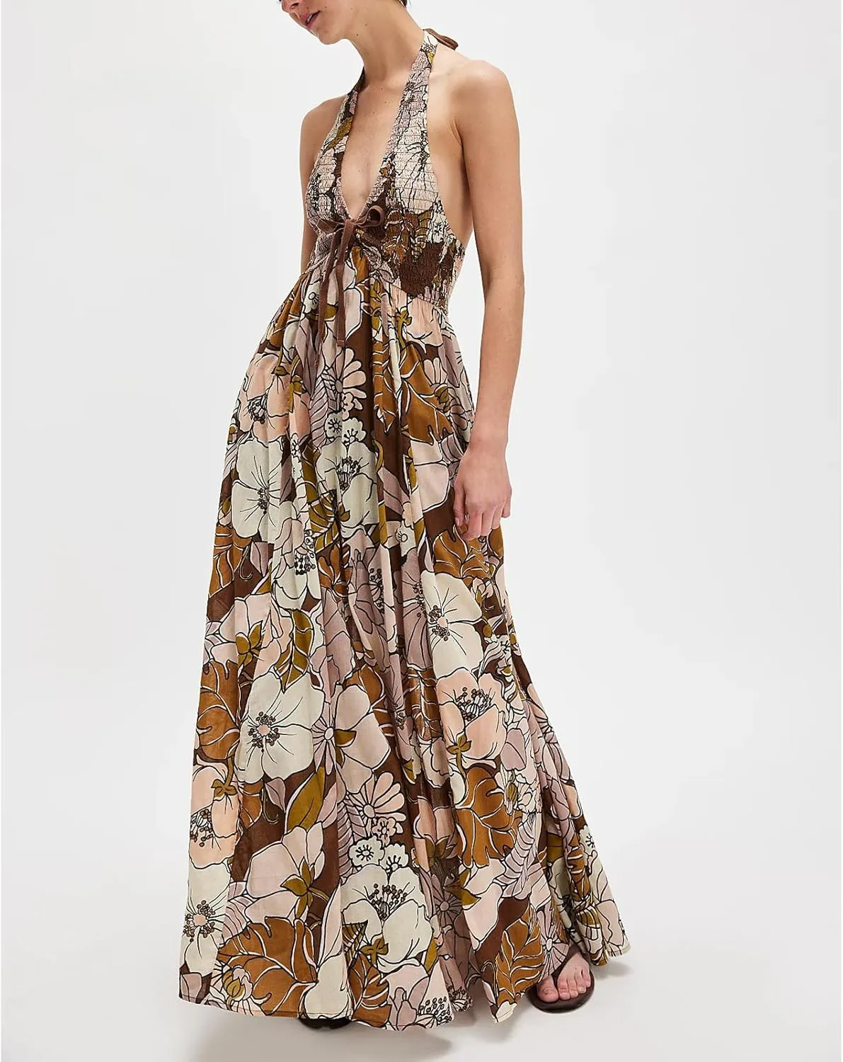 Women Floral Maxi Dress Sexy Sleeveless Backless A-Line Long Flowy Dress Back Cut Out Spaghetti Strap Summer Sundress