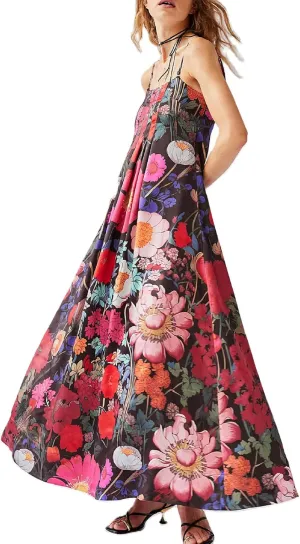 Women Floral Maxi Dress Sexy Sleeveless Backless A-Line Long Flowy Dress Back Cut Out Spaghetti Strap Summer Sundress