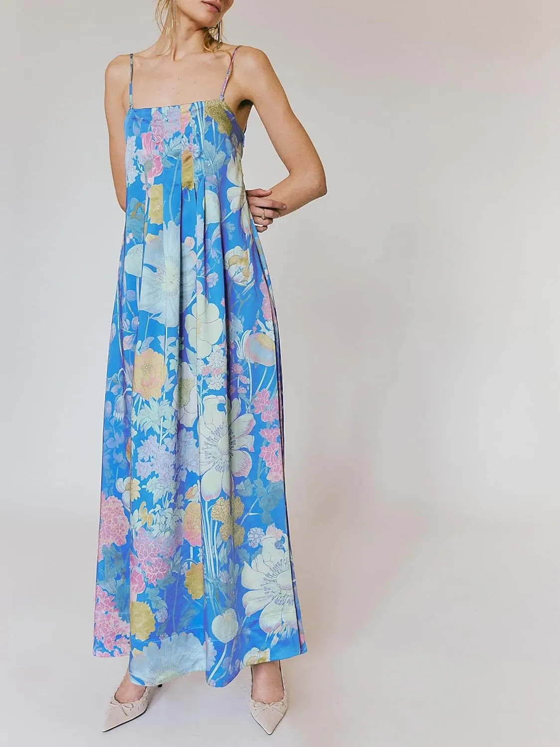 Women Floral Maxi Dress Sexy Sleeveless Backless A-Line Long Flowy Dress Back Cut Out Spaghetti Strap Summer Sundress