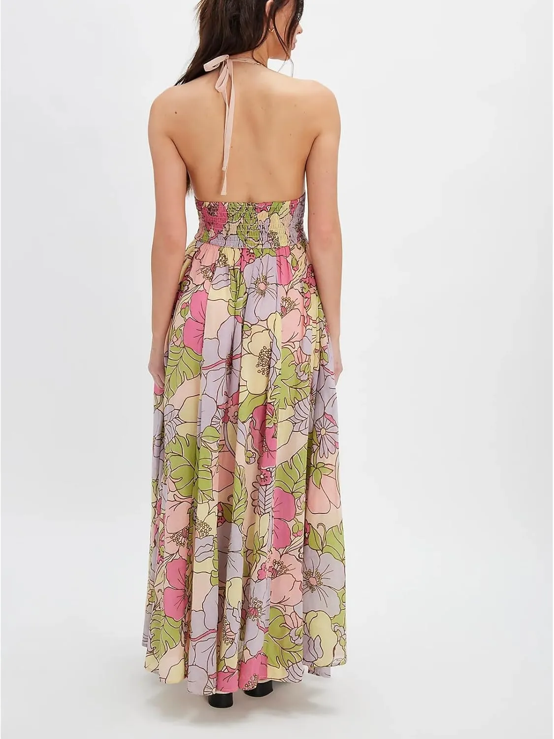 Women Floral Maxi Dress Sexy Sleeveless Backless A-Line Long Flowy Dress Back Cut Out Spaghetti Strap Summer Sundress