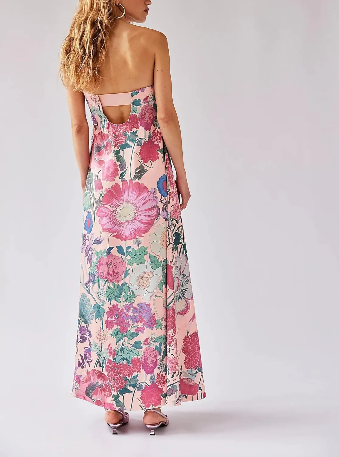 Women Floral Maxi Dress Sexy Sleeveless Backless A-Line Long Flowy Dress Back Cut Out Spaghetti Strap Summer Sundress