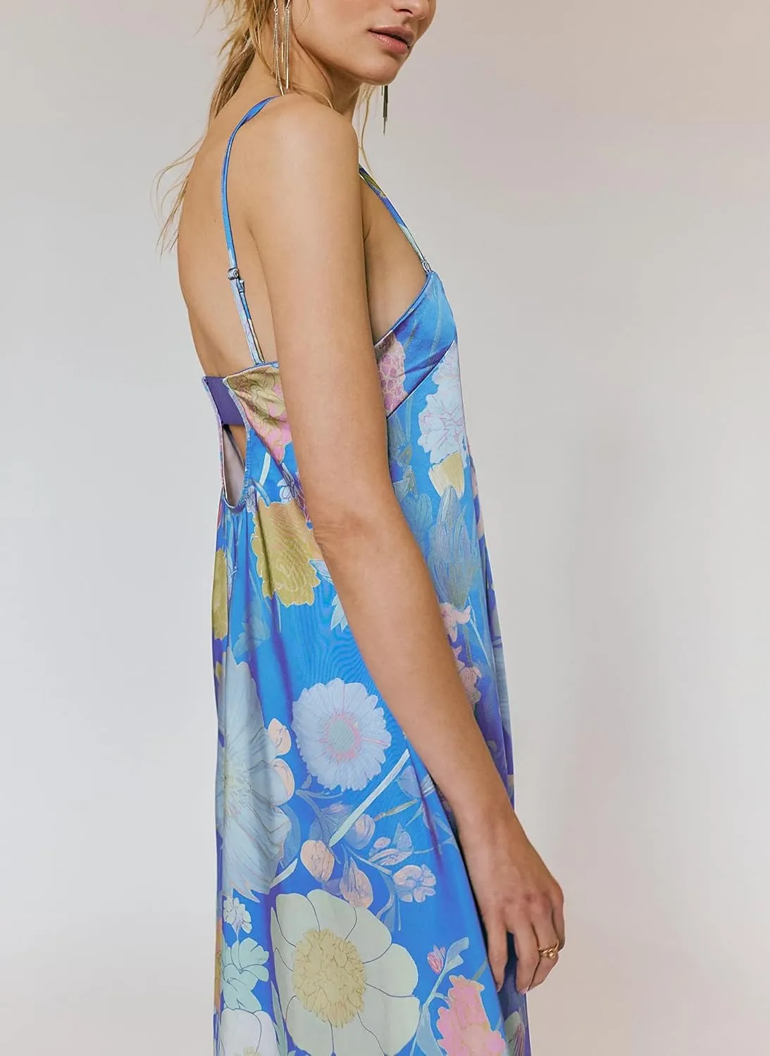 Women Floral Maxi Dress Sexy Sleeveless Backless A-Line Long Flowy Dress Back Cut Out Spaghetti Strap Summer Sundress