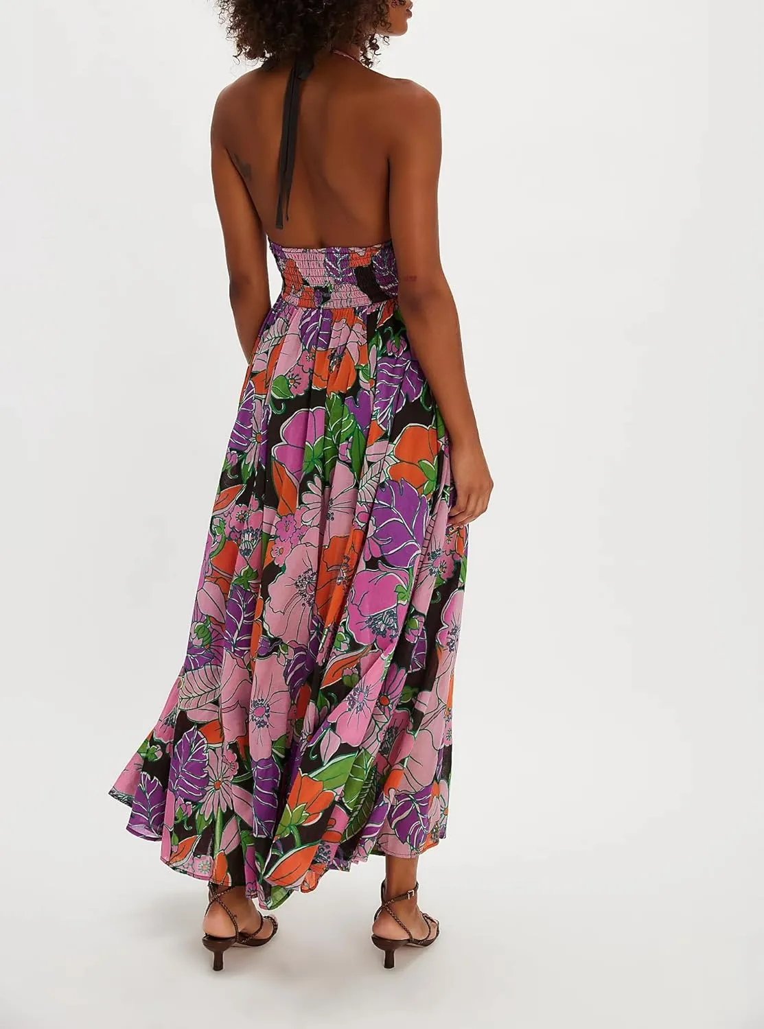 Women Floral Maxi Dress Sexy Sleeveless Backless A-Line Long Flowy Dress Back Cut Out Spaghetti Strap Summer Sundress