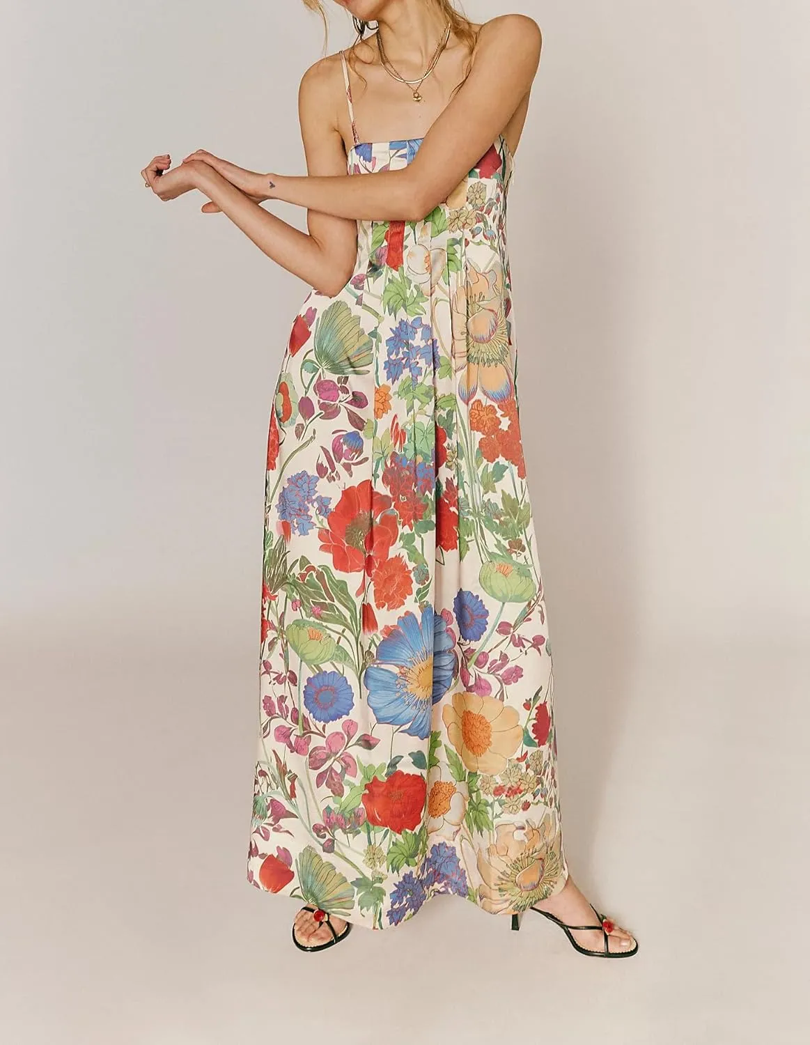 Women Floral Maxi Dress Sexy Sleeveless Backless A-Line Long Flowy Dress Back Cut Out Spaghetti Strap Summer Sundress