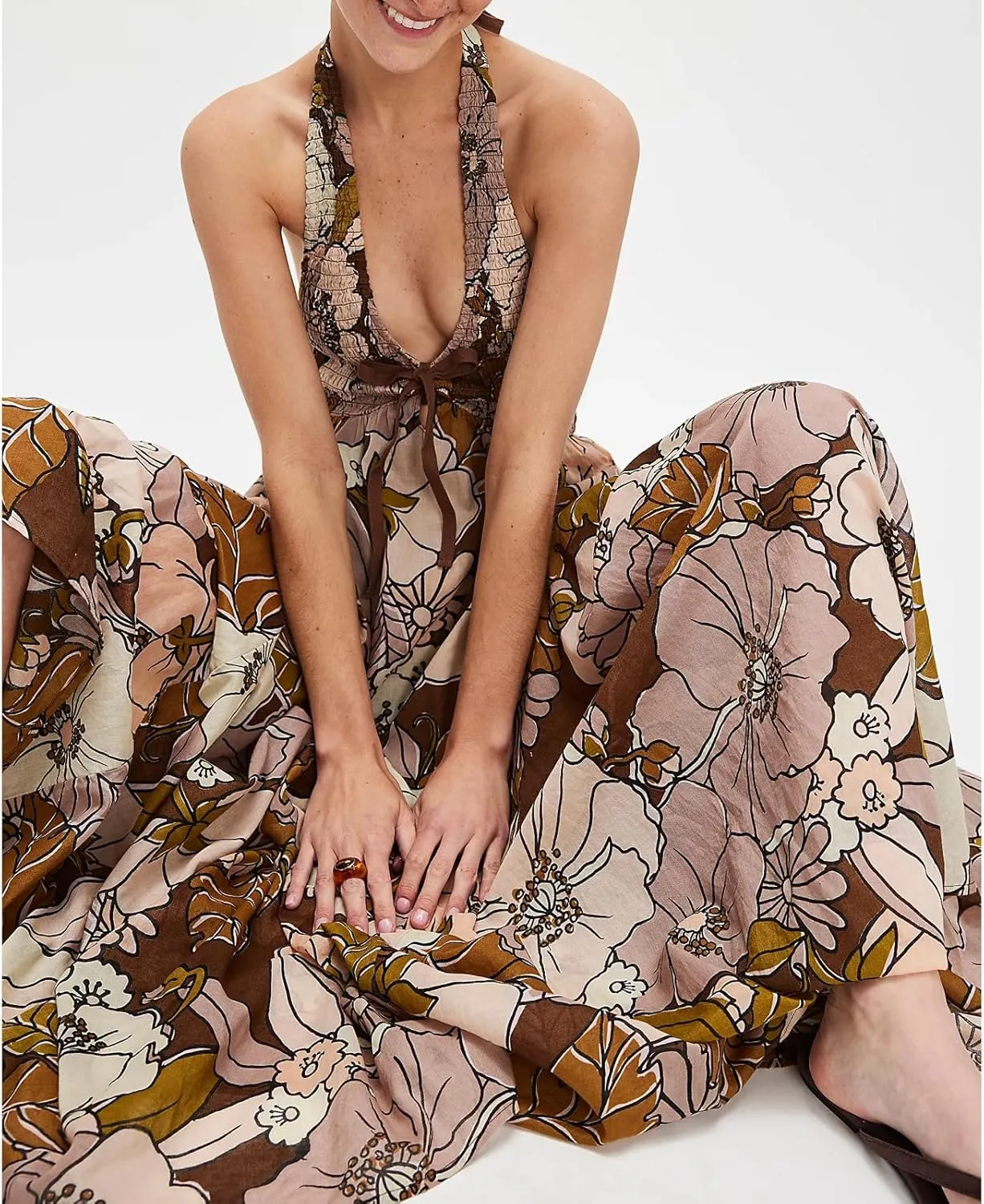 Women Floral Maxi Dress Sexy Sleeveless Backless A-Line Long Flowy Dress Back Cut Out Spaghetti Strap Summer Sundress