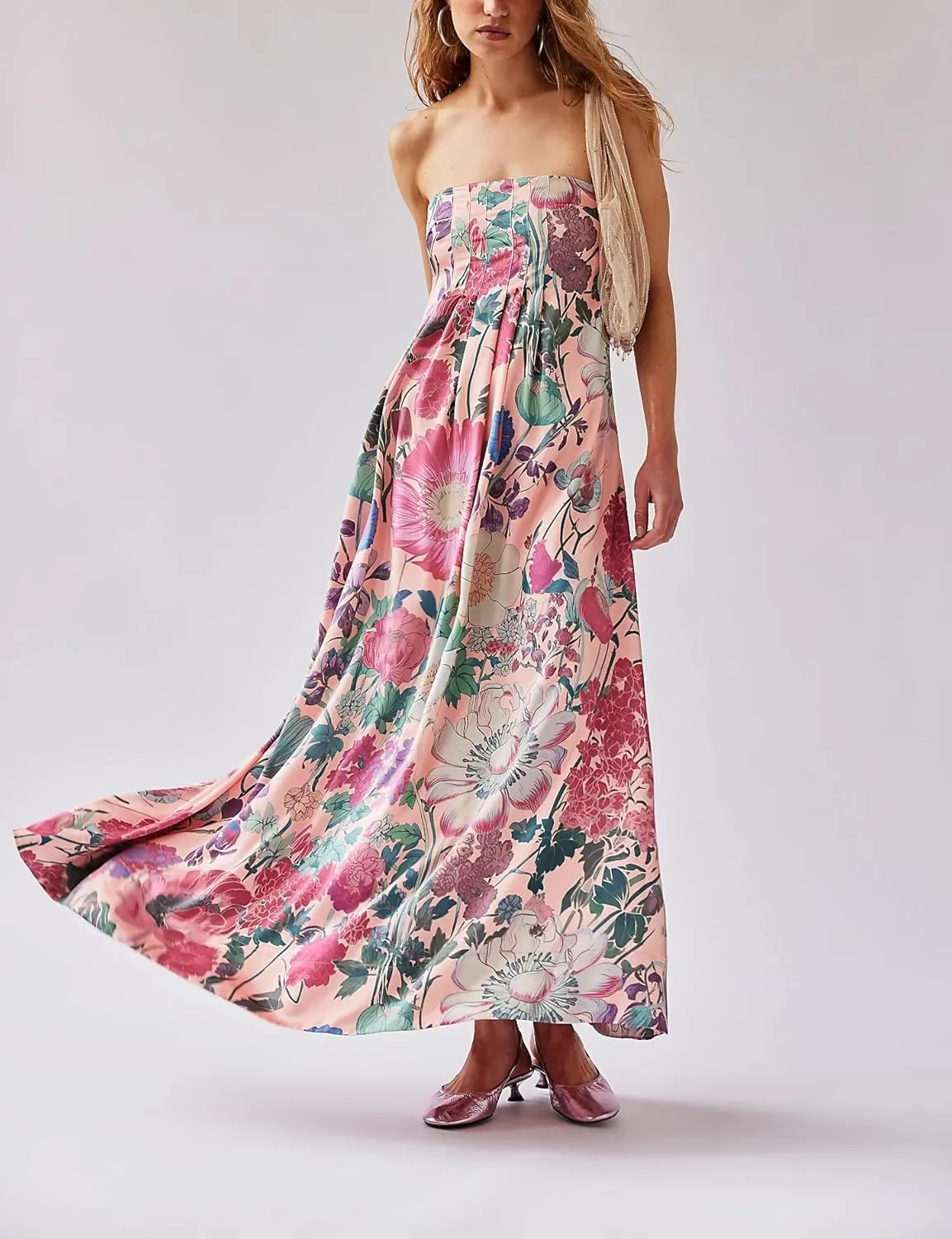 Women Floral Maxi Dress Sexy Sleeveless Backless A-Line Long Flowy Dress Back Cut Out Spaghetti Strap Summer Sundress