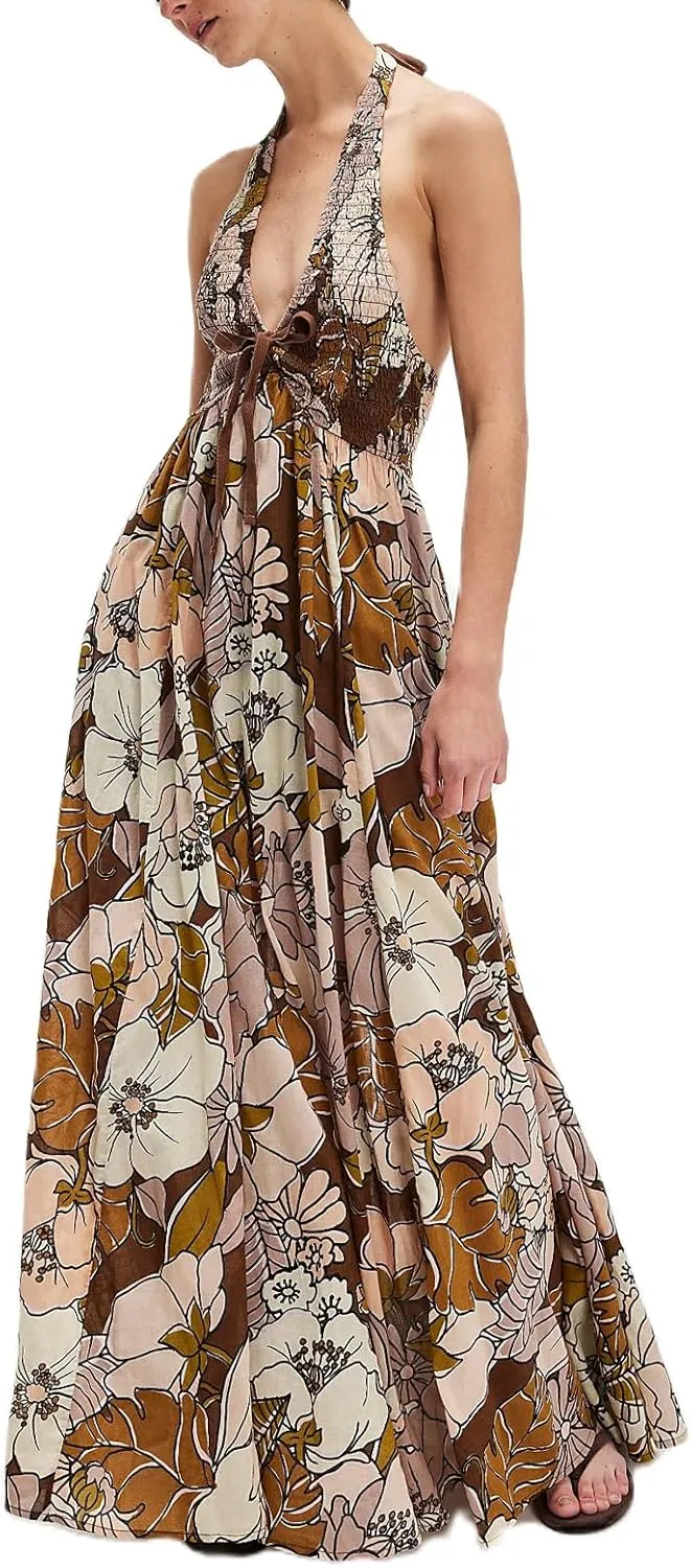 Women Floral Maxi Dress Sexy Sleeveless Backless A-Line Long Flowy Dress Back Cut Out Spaghetti Strap Summer Sundress